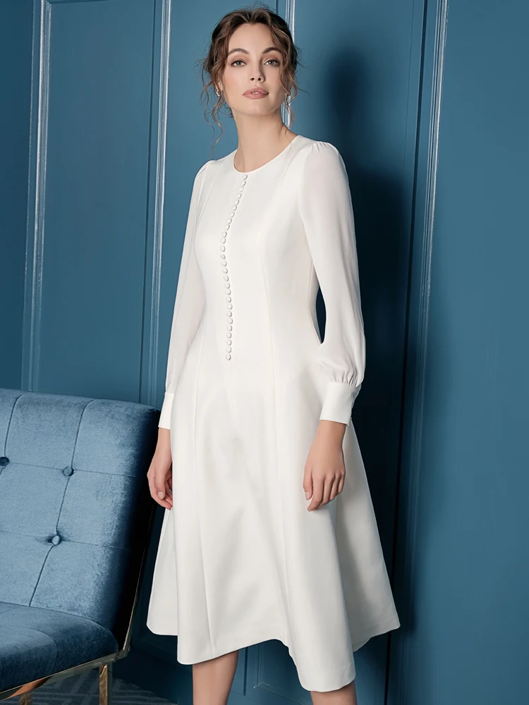 Женское офисное платье с круглым вырезом элегантное однотонное трапециевидной