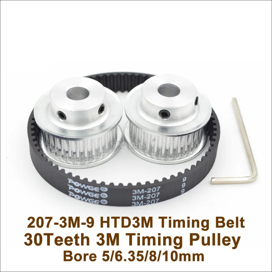 POWGE 30 Teeth 3M Timing Pulley Bore 5/6.35/8/10mm + 207 3M Timing Belt W=9mm 30T 30Teeth 3M Pulley 207-3M Engraving Machine