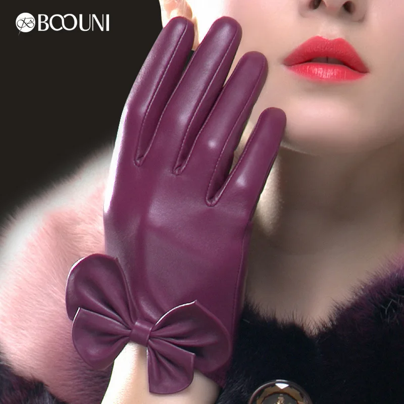 

BOOUNI перчатки из натуральной кожи, подходят для работы модные женские перчатки из овчины на запястье с бантом Термальность с бархатной подкл...