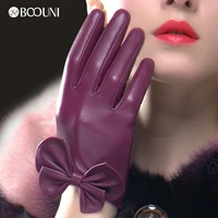 boouni genuine leather gloves fashion women sheepskin glove wrist bow knot thermal velvet lining winter driving gloves nw785