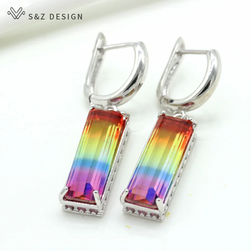 Серьги подвески S & Z из белого золота с квадратными разноцветными кристаллами и