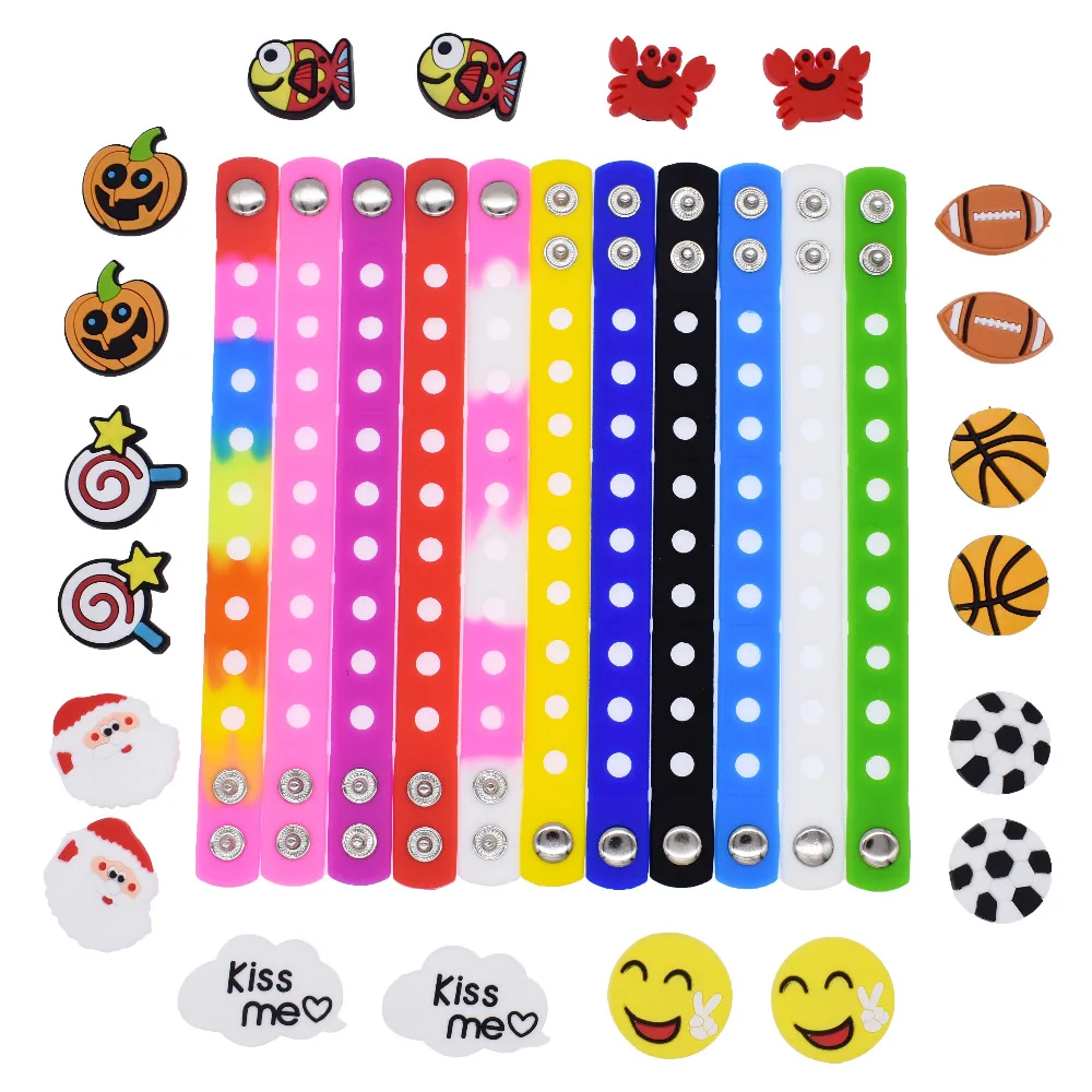 20 pcs Shoe  Charms Football Basketball Crab Fish Halloween Pumpkin Santa Kiss for Silicone Bracelet +11Pcs 7.08 Bracelets Boys