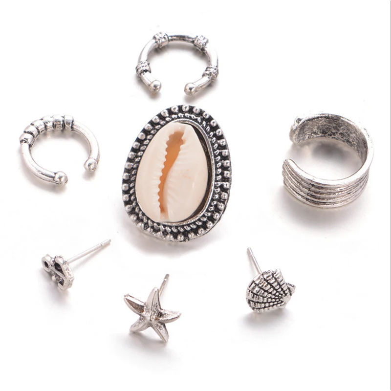 7 шт./лот корпус в стиле бохо и тибетское серебряное кольцо для козелка ушной