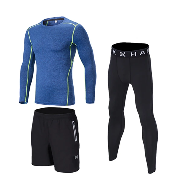 3Pcs blue sets 4 шт./компл. спортивный костюм дети компрессия базовый слой одежда для бега быстросохнущая Баскетбол Футбол спортивные Колготки леггинсы Фитнес одежда - Цвет: 3Pcs blue sets