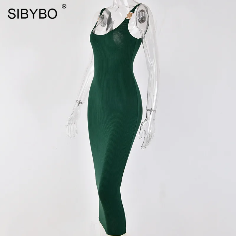 Sibybo Ребристое сексуальное облегающее платье на бретельках без рукавов с круглым вырезом, летнее женское платье с открытой спиной, Осеннее Повседневное платье для женщин