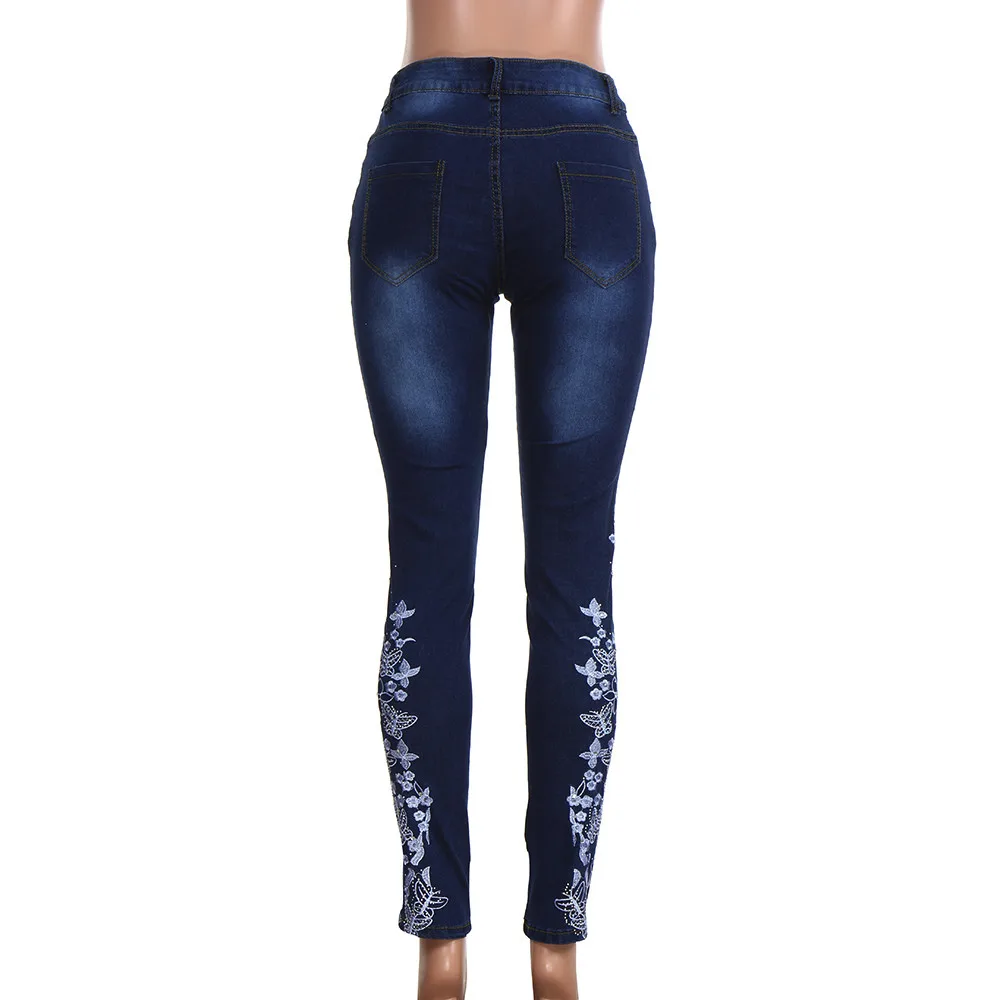 2019 Для женщин стрейч Высокая Талия обтягивающие джинсы цветочный принт деним