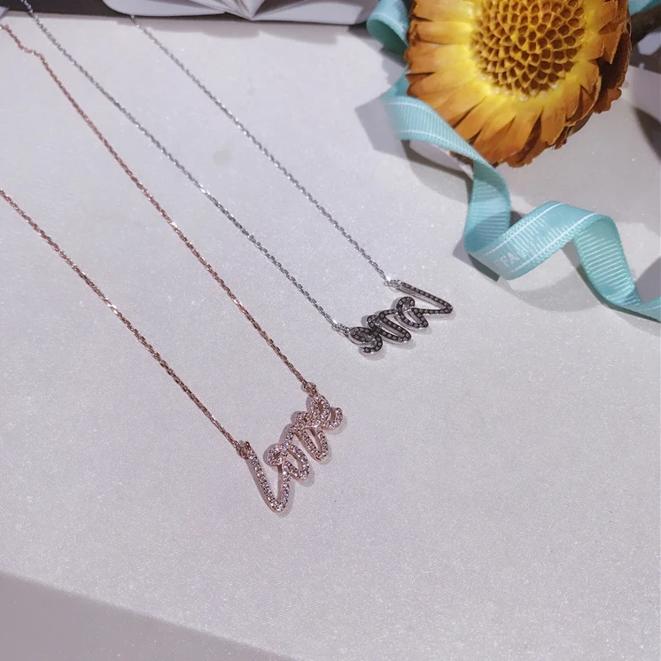 Necklace Love Imitation Silver Chain Letter Personality Clavicle 925 Sterling Paved White Cubic Zirconia Necklaces | Украшения и