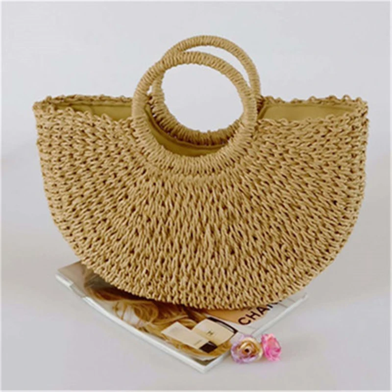 2021 Trend Women Vintage Handmade Rattan Bag Moon Shape Straw Woven Handbags Summer Bali Basket Beach Bags Bolsos;sac rotin