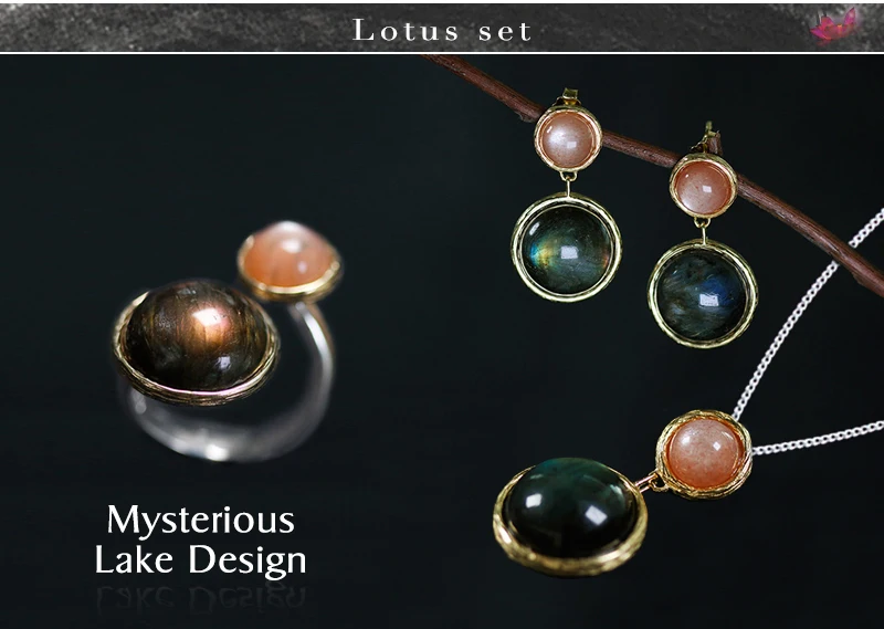 Lotus Fun реальные стерлингового серебра 925 натуральный Лабрадорит лунный камень ручной работы ювелирных украшений таинственный озеро кольца для женщин