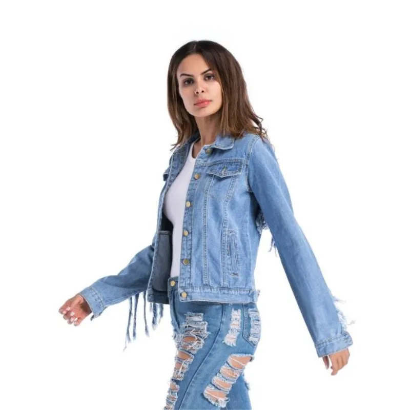 Женский джинсовый топ с бахромой сзади и коротким отворотом Повседневная