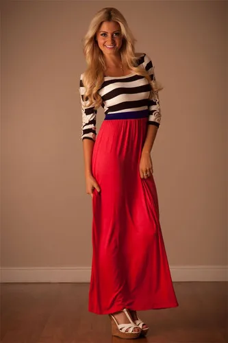 Женское платье осень полосатый шить три четверти рукав длинное О-образным