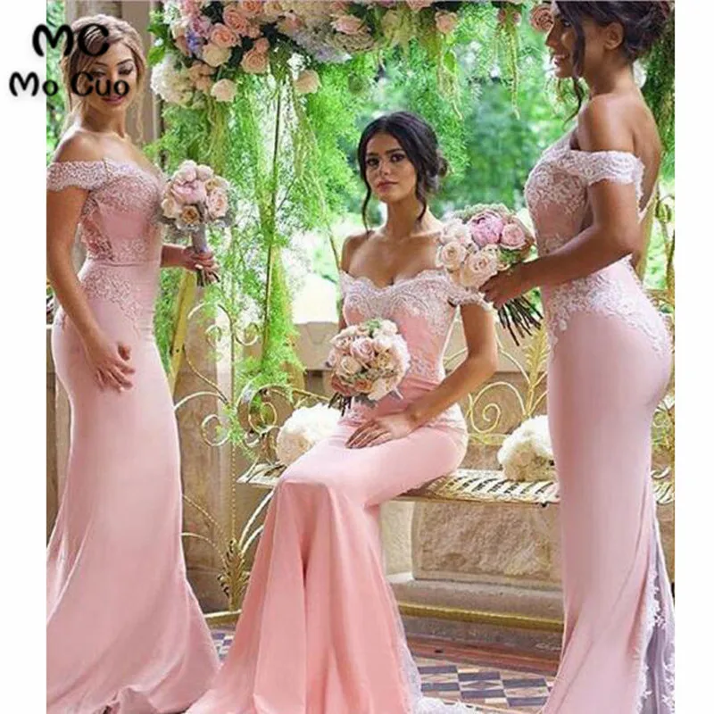 Mocuo 2018 Dark Pink Bridesmaid Dresses Long Off Shoulder Short Sleeve Elastic satin Wedding Party Dress Beaded | Свадьбы и