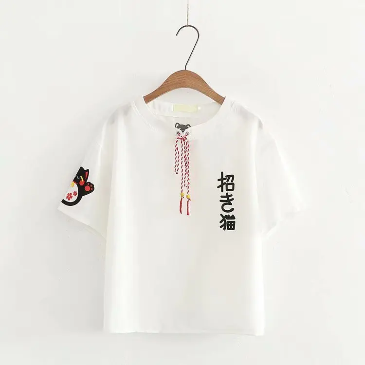 white t shirt MERRY PRETTY женские наборы мультфильм вышивка короткий рукав хлопок футболка и мини юбка комплект из двух частей эластичный пояс на шнуровке юбка - Цвет: white t shirt