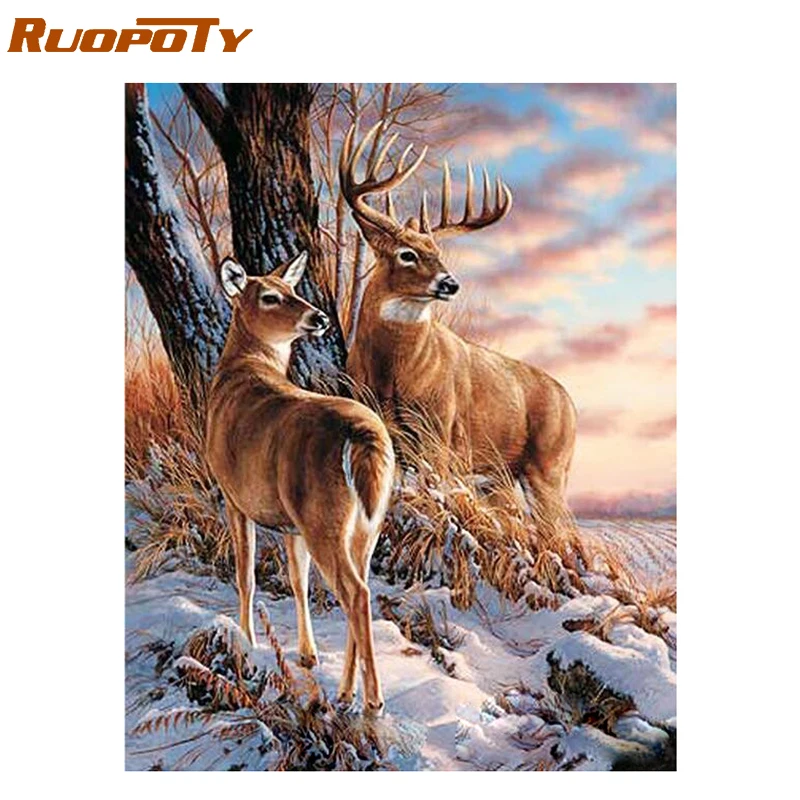 RUOPOTY рамка олень Сделай Сам Набор для рисования по номерам Снежный пейзаж