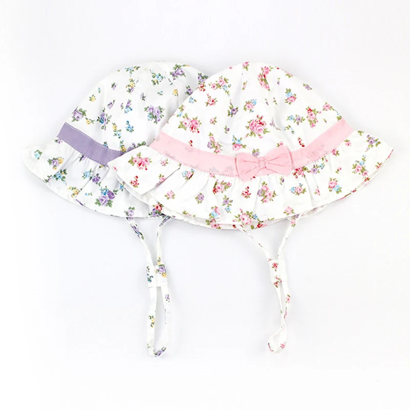 Flower Bow Baby Girls Hat Ruffles Floral For Cotton Lace Up Fisher Fashion Purple Pink Sun Caps Spring Summer | Детская одежда и