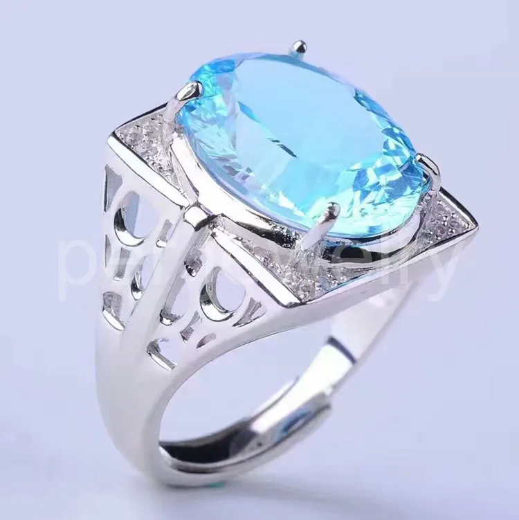 Мужское кольцо с натуральным голубым топазом 12*16 мм 14 карат|gem silver ring|gem ringsgem rings for