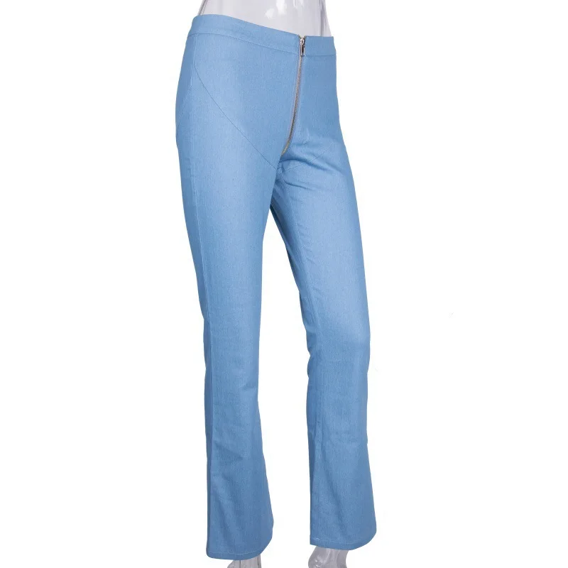Light blue jeans ESDAMIER джинсы с серебряной молнией спереди и сзади, сексуальные обтягивающие расклешенные брюки со средней талией, Женские джинсовые штаны, светильник, синие джинсы - Цвет: Light blue jeans