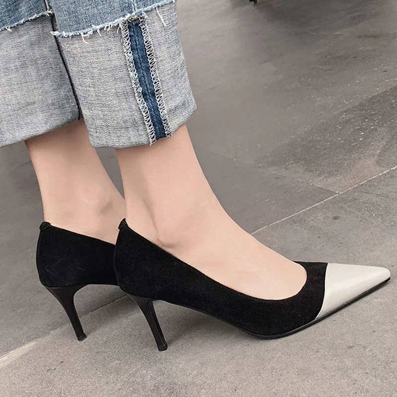 

ISNOM Leather Thin High Heels Pumps Women Pointed Toe Footwear Office Kid Suede Shoes Female Shallow Shoes Woman 2019 New Spring