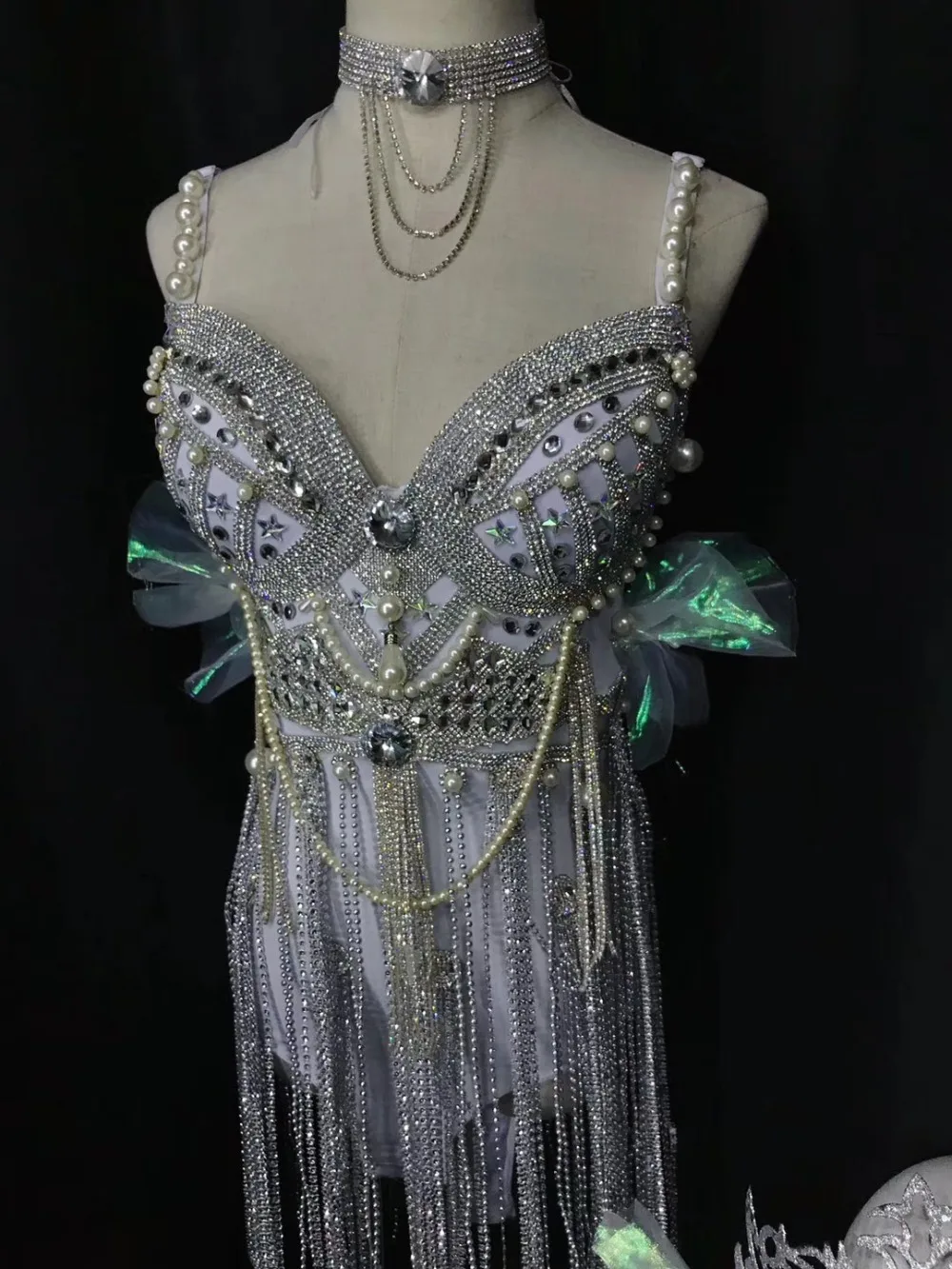 White Beading tassels Bodysuit Sparkling Crystals Sling bodysuit Sexy Bar DJ female singer performance outfit Model show Costume