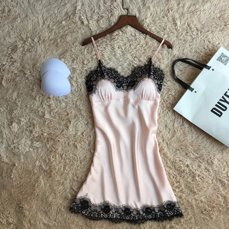 Летние сексуальные кружевные атласные ночные рубашки с нагрудной подушкой для