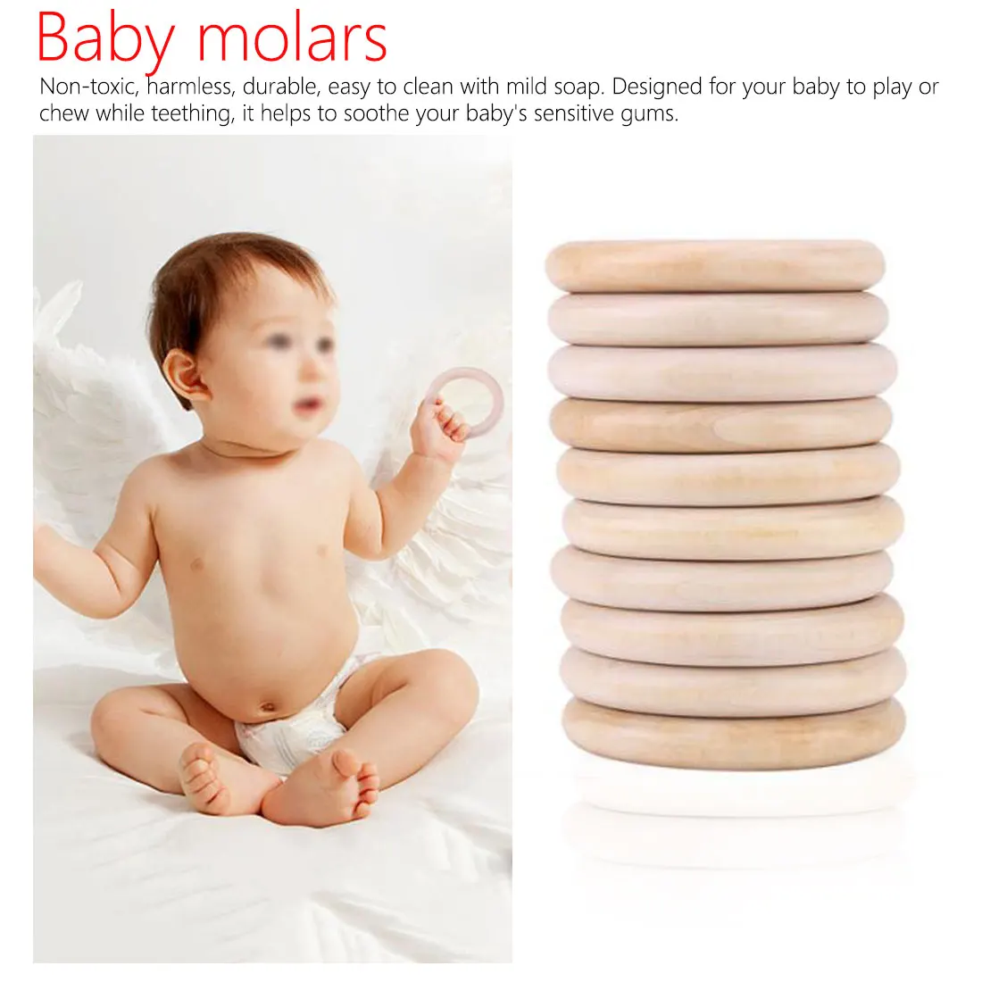 25mm-68mm Natural Wooden Baby Teething Rings Infant Teether Toy Necklace Bracelet For 3-12 Month Infants Tooth Care Products