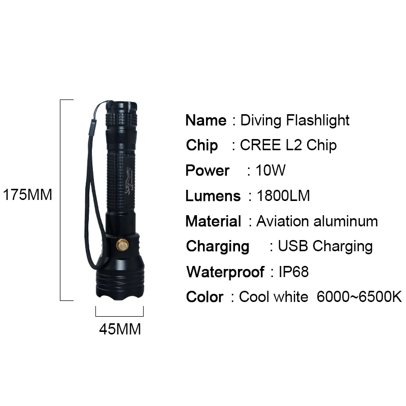 Светодиодный фонарь для дайвинга перезаряжаемый от USB мощный светодиодный
