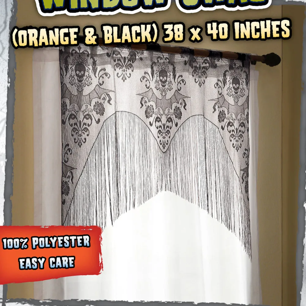 Halloween Gothic Black Lace Tassel Valance Skull Bat Tulle Topper Shawl Halloween Haunted House Party Curtains Fabric Tablecloth