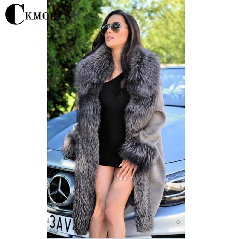 2022 New Women Natural Real Fur Coats Luxury Outwear Trendy Winter Woolen Fur Coat Long Cashmere With Silver Fox Fur Overcoats