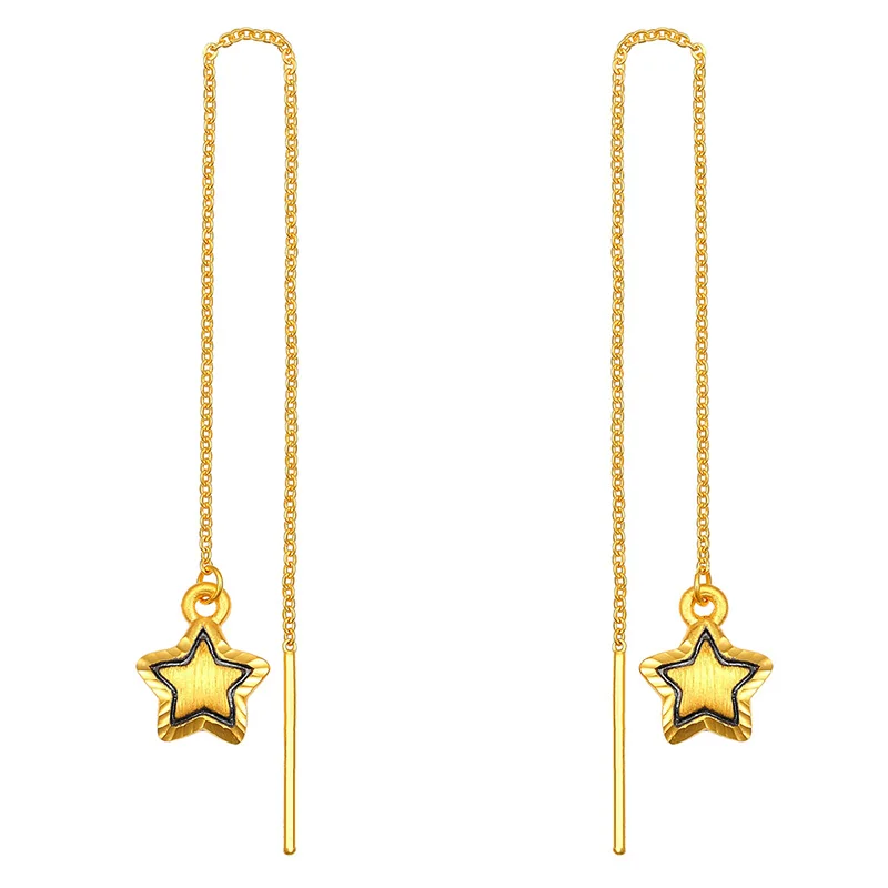 Твердые 999 24K желтое золото серьги женские модные серьги-подвески в форме звезды длинные серьги 1,95g