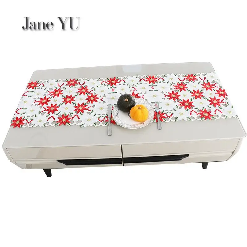 

JaneYU Christmas Flowers Table Flags Hand-made Hollowed Embroidery, High Grade Satin Holiday Celebration Guest House Decoration