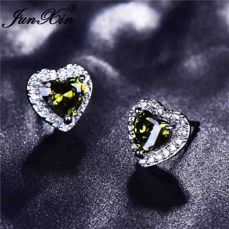 Olive Green Earrings JUNXIN мистический огненный камень, Разноцветные серьги-гвоздики в форме сердца для женщин, 925 пробы, заполненные серебром, фиолетовые радужные циркониевые серьги - Окраска металла: Olive Green Earrings