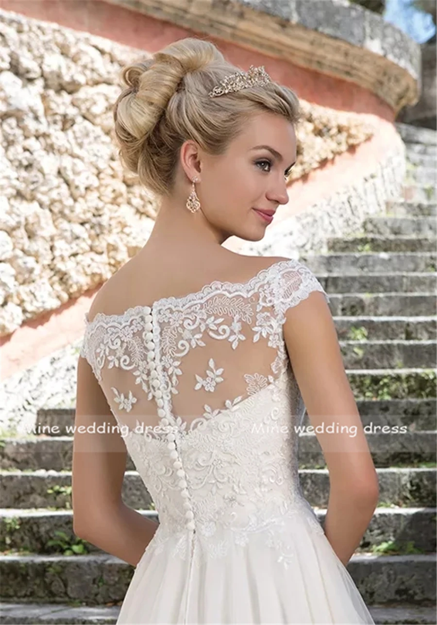Princess Portrait Neckline Illusion Beaded Lace And Tulle Off The Shoulder Wedding Dress A-Line Button Back Bridal Gowns
