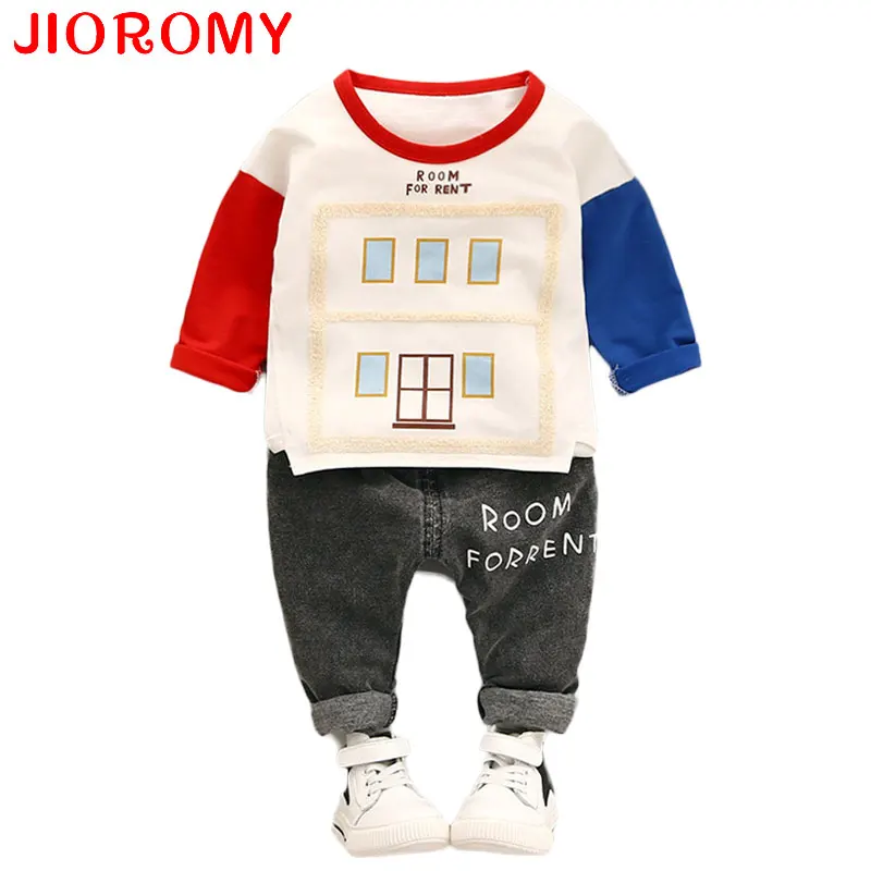 

JIOROMY 2019 Новинка детская футболка + штаны комплект из 2 предметов Модный хлопковый комплект для мальчиков и девочек с мультяшным домом с вышив...