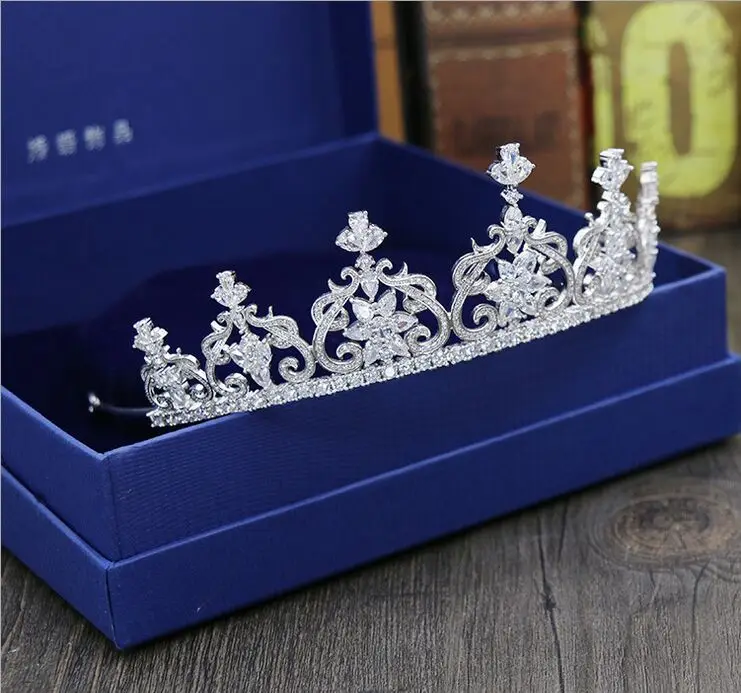 

Shosixuan Top Quality Wedding Bridal Bridesmaid leaf Cubic Zirconia Girls white plated zircon tiara crown headband For Prom