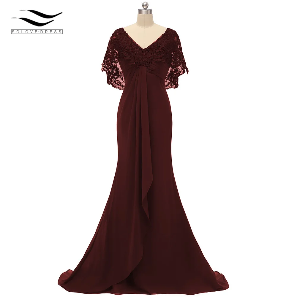 Dark Burgundy Женское кружевное шифоновое платье в пол с v-образным вырезом на спине, элегантное ТРАПЕЦИЕВИДНОЕ вечернее платье, vestido de festa SLD-S016 - Цвет: Dark Burgundy
