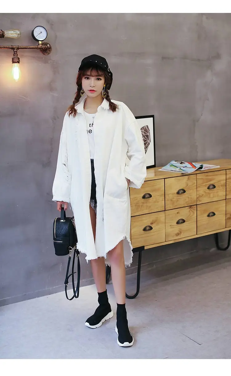 Корейское Новое 2017 осеннее белое длинное пальто женская джинсовая куртка с