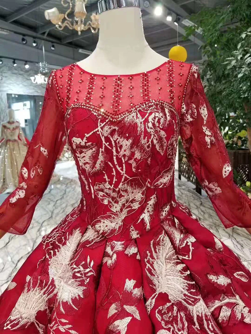 LSS367 красное платье для свадебной вечеринки бальное с О-образным вырезом и