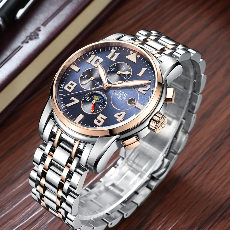 Роскошные Мужские автоматические механические часы Carnival Moon Phase светящиеся из