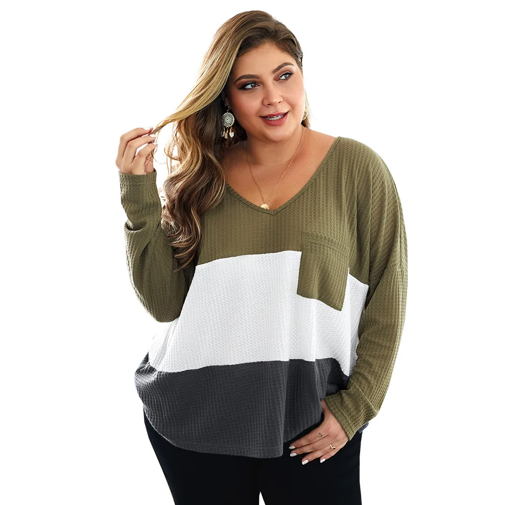 Casual V neck Plus size Women Knitted Sweater Autunm Long Sleeve Striped Splice women tops Pocket loose elegant thin Knitwear | Женская