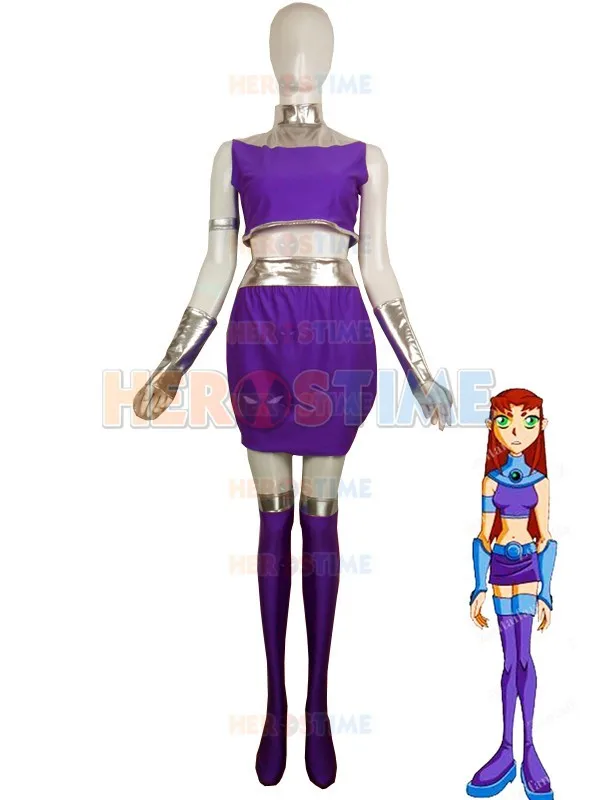 Супергерой костюм из спандекса Starfire старфаер фиолетовый и серебряный для