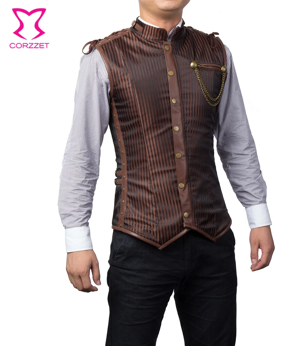 Мужской корсет с воротником стойкой куртка без рукавов в стиле панк/готика