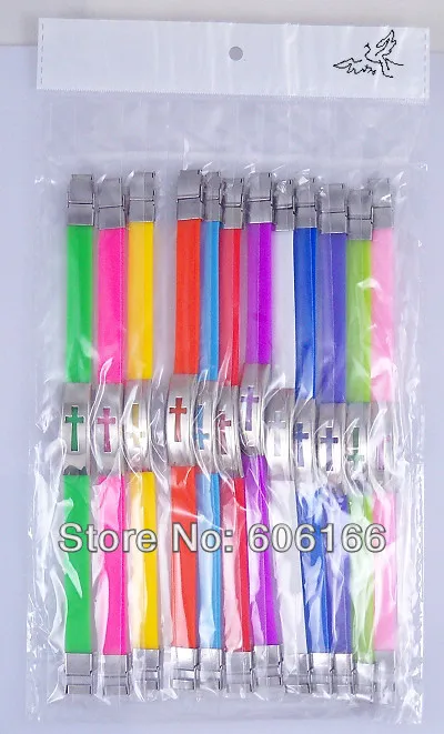 

Wholesale 24pcs Mix Colour Cross Silicone Bracelet Stainless Steel Buckle Bracelets Free Shipping