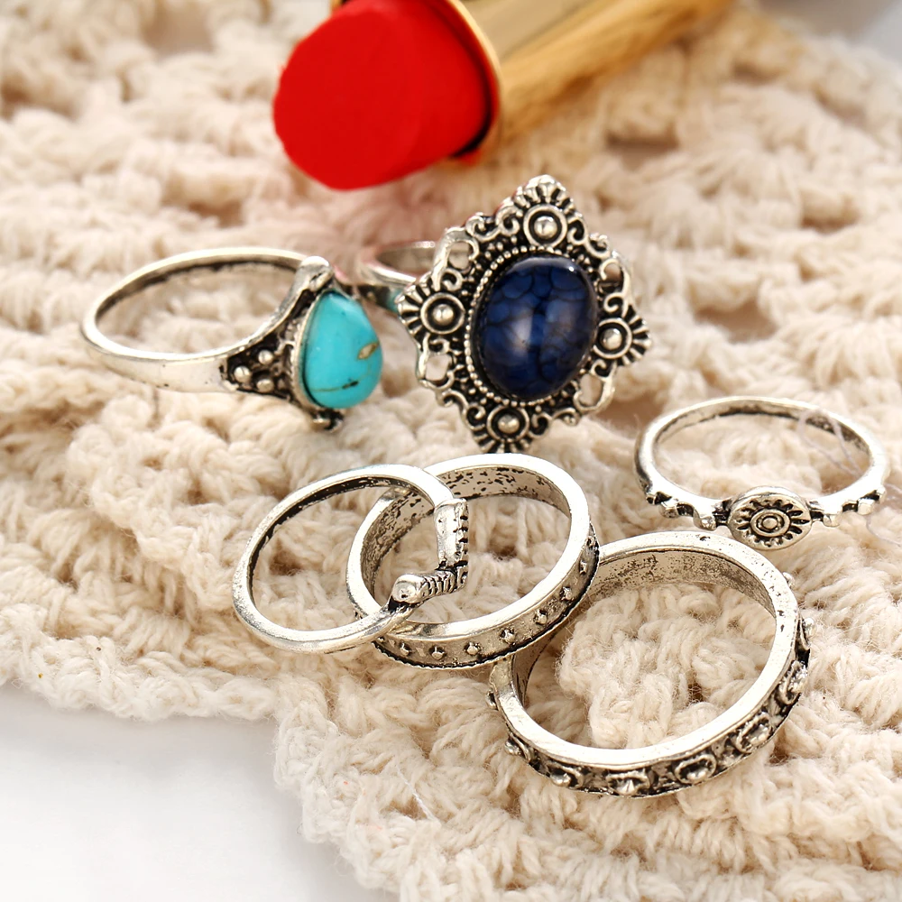 6piece/set Retro Stone Rings Feather Charms Punk Midi Women Jewelry Joint Ring Wrap Knuckle Set Olives Party Fashion | Украшения и