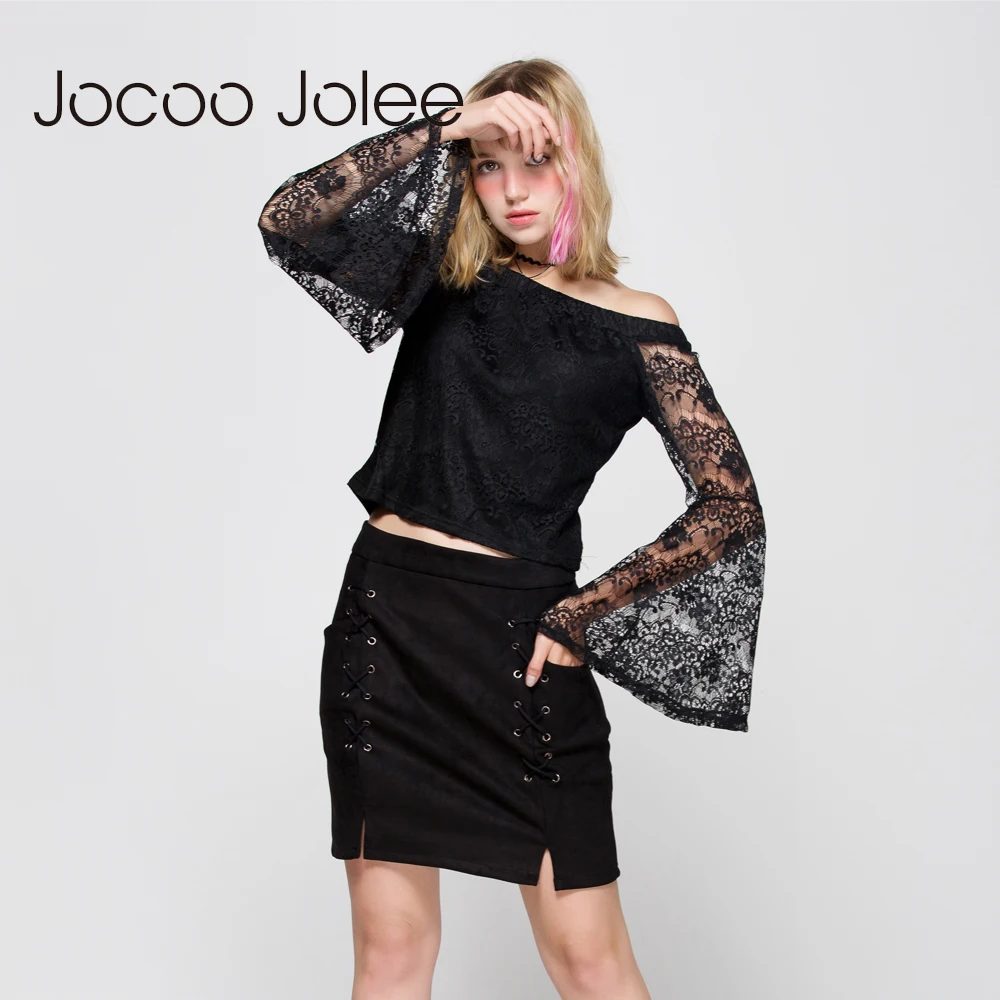 Jocoo Jolee Осенняя кожаная замшевая юбка карандаш на шнуровке зима 2017 с высокой