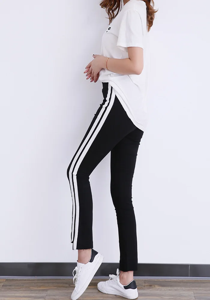 

2019 Maternity Pants elastic White stripe bell-bottom pants for pregnant woman Slim Nine length belly pregnancy casual trousers