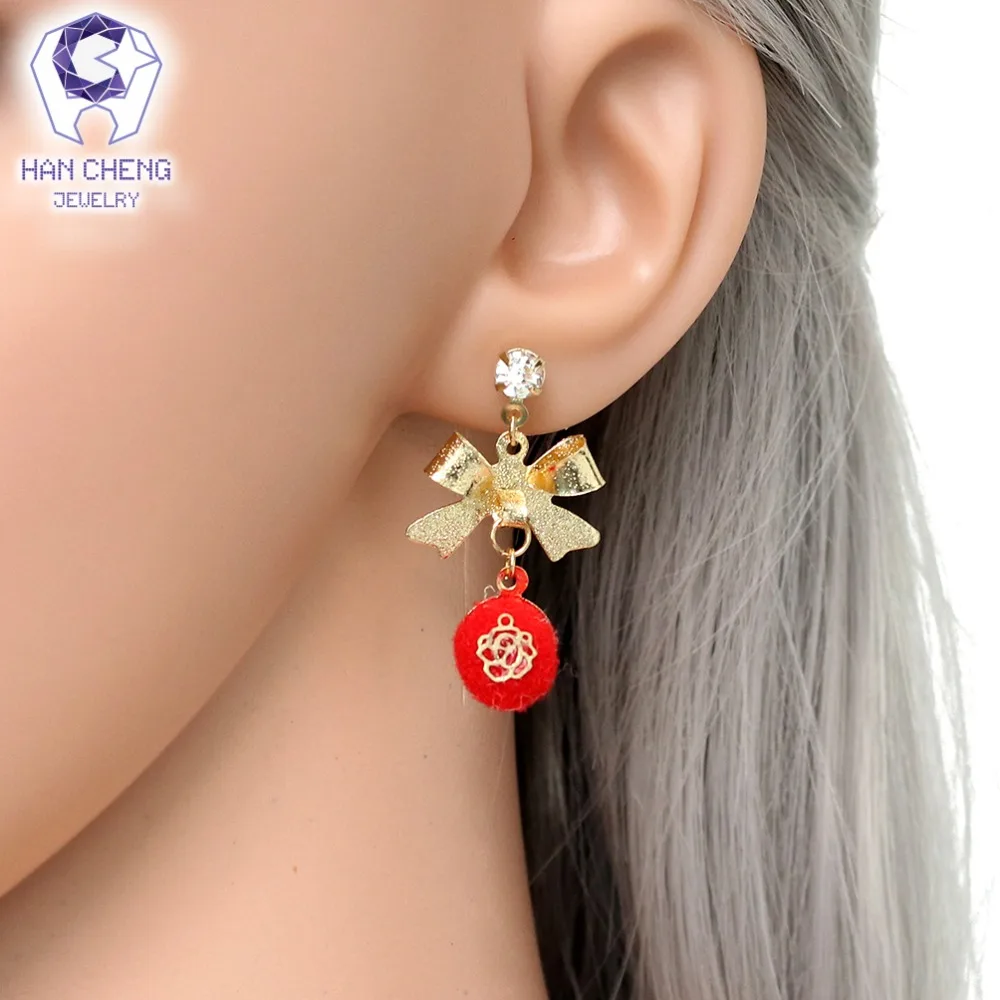 HanCheng новые модные красные Висячие круглые серьги Стразы золотые цветы Бант для