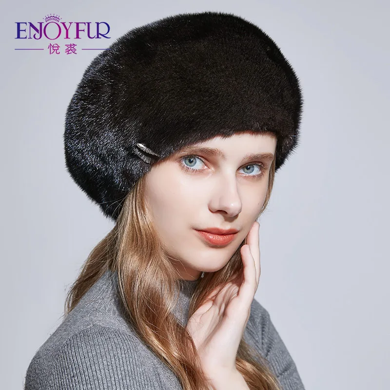 ENJOYFUR реального норки Шапки для Для женщин зимние меховые шапки с горный хрусталь украшения Меховой берет шляпа для леди высокого класса норки меховая шапка - Цвет: M02
