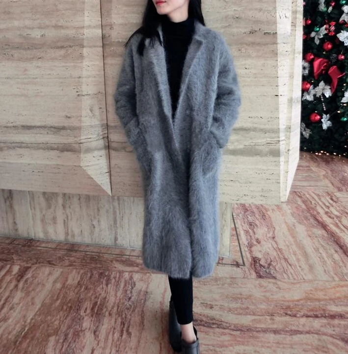 Длинное кашемировое пальто из натуральной норки женский теплый свитер