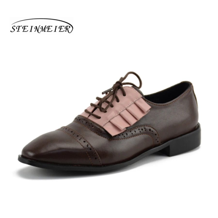 brown pink Женские туфли-оксфорды; сезон весна; лоферы из натуральной кожи для женщин; женские кроссовки; женские оксфорды; женские тонкие туфли с ремешком; коллекция года; Летняя обувь - Цвет: brown pink