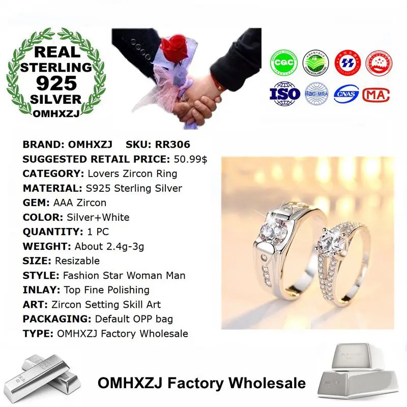 OMHXZJ Wholesale European Fashion Woman Man Party Wedding Gift Silver White Luxury AAA Zircon S925 Sterling Ring RR306 | Украшения и